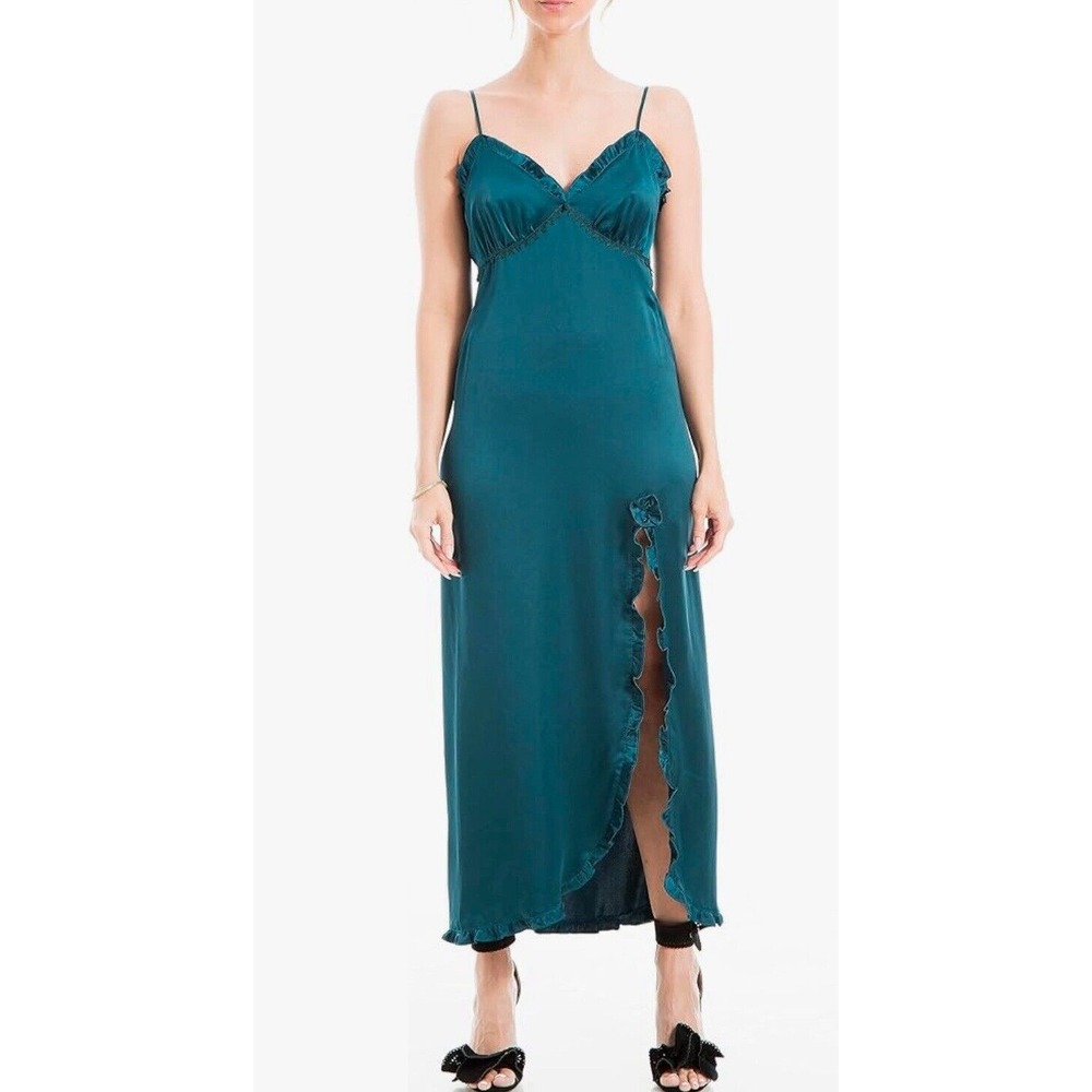 NWT Max Studio Teal BodyCon Satin‎ Slip Dress Ruffled Front Slit  Size Small